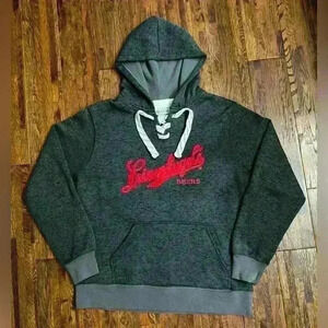 LEINENKUGEL Lace Up Pullover Hooded Knit Sweatshirt in Grey with Embroidery